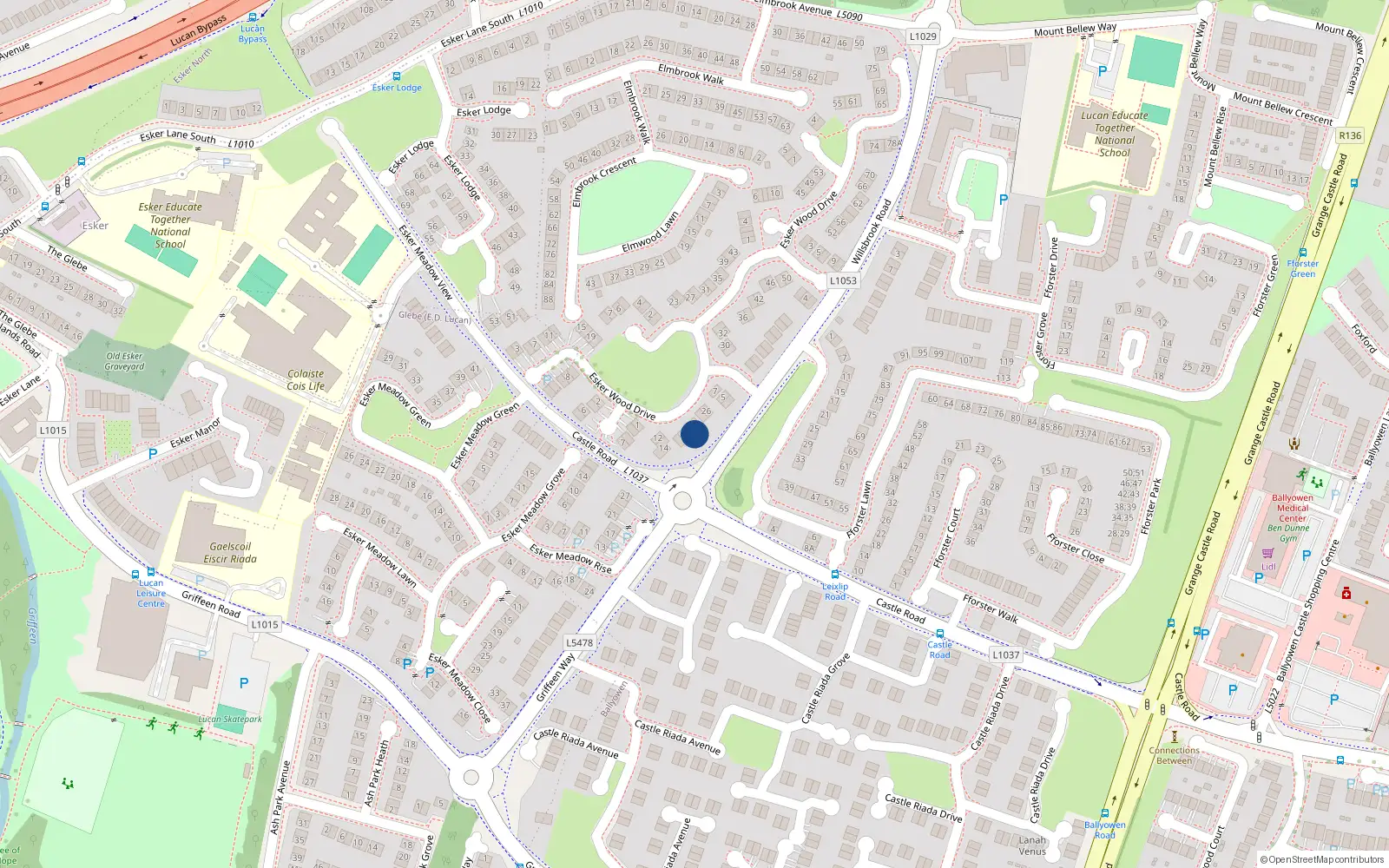 Overhead map showing the location of 20 Esker Woods Drive, Lucan, Dublin