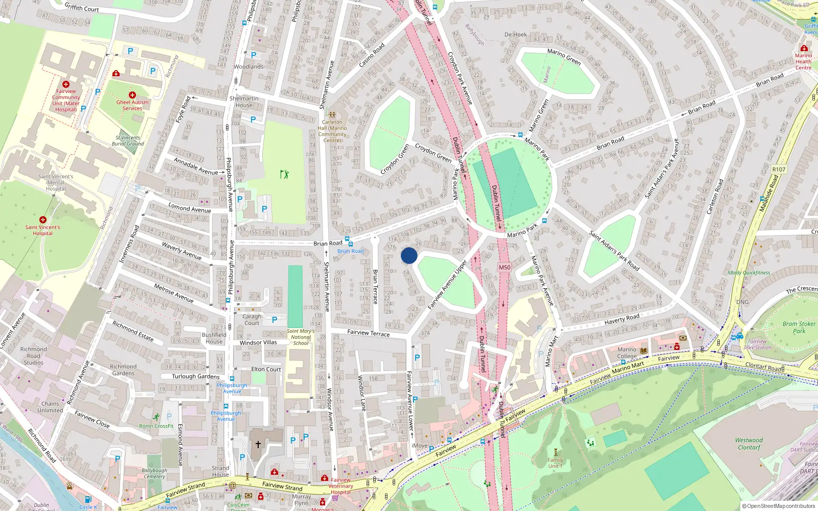 Overhead map showing the location of 20 Fairview Green, Fairview, Dublin 3
