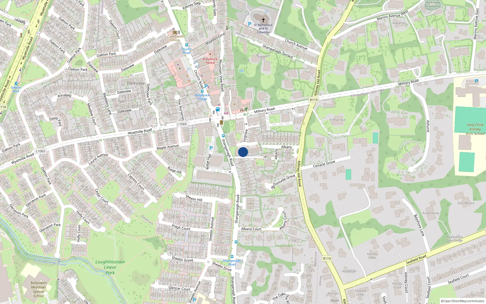 Overhead map showing the location of 20 Firgrove, Military Road, Killiney