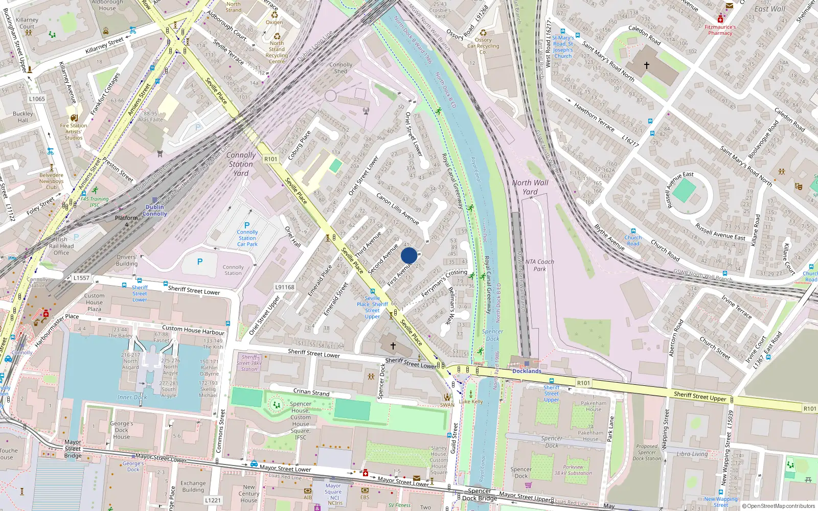 Overhead map showing the location of 20 First Avenue, Seville Place, Dublin 1