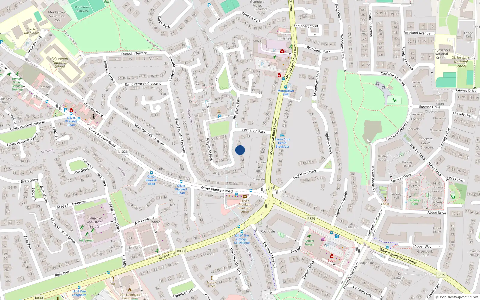 Overhead map showing the location of 20 Fitzgerald Park, Mounttown, Dun Laoghaire