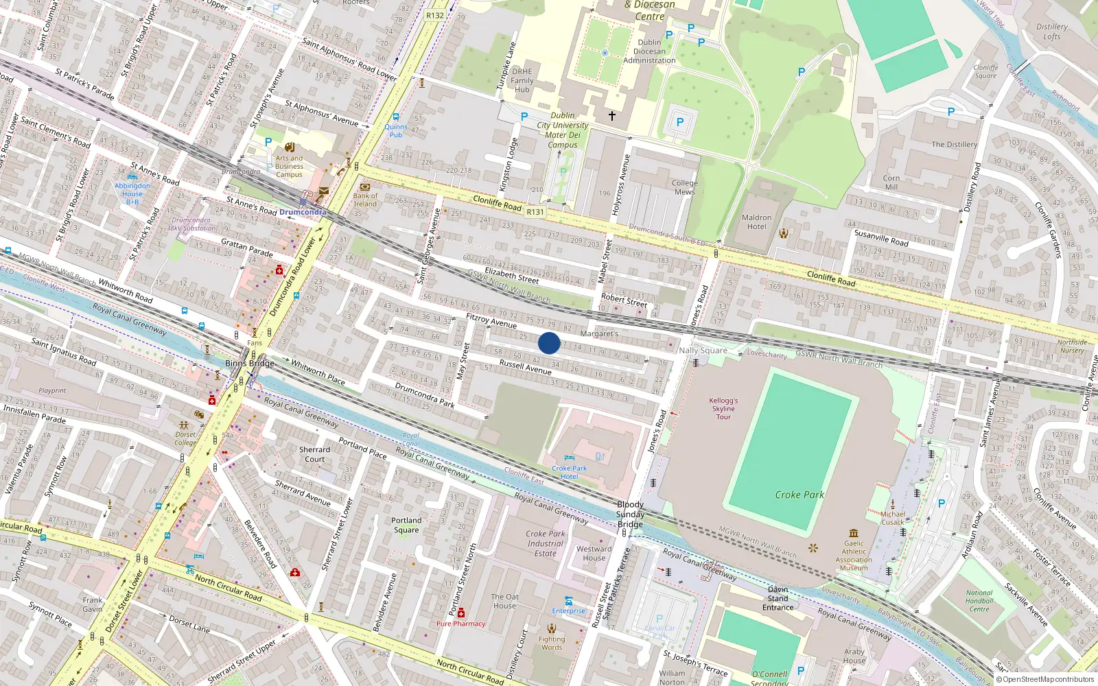 Overhead map showing the location of 20 Fitzroy Avenue, Drumcondra, Dublin 3