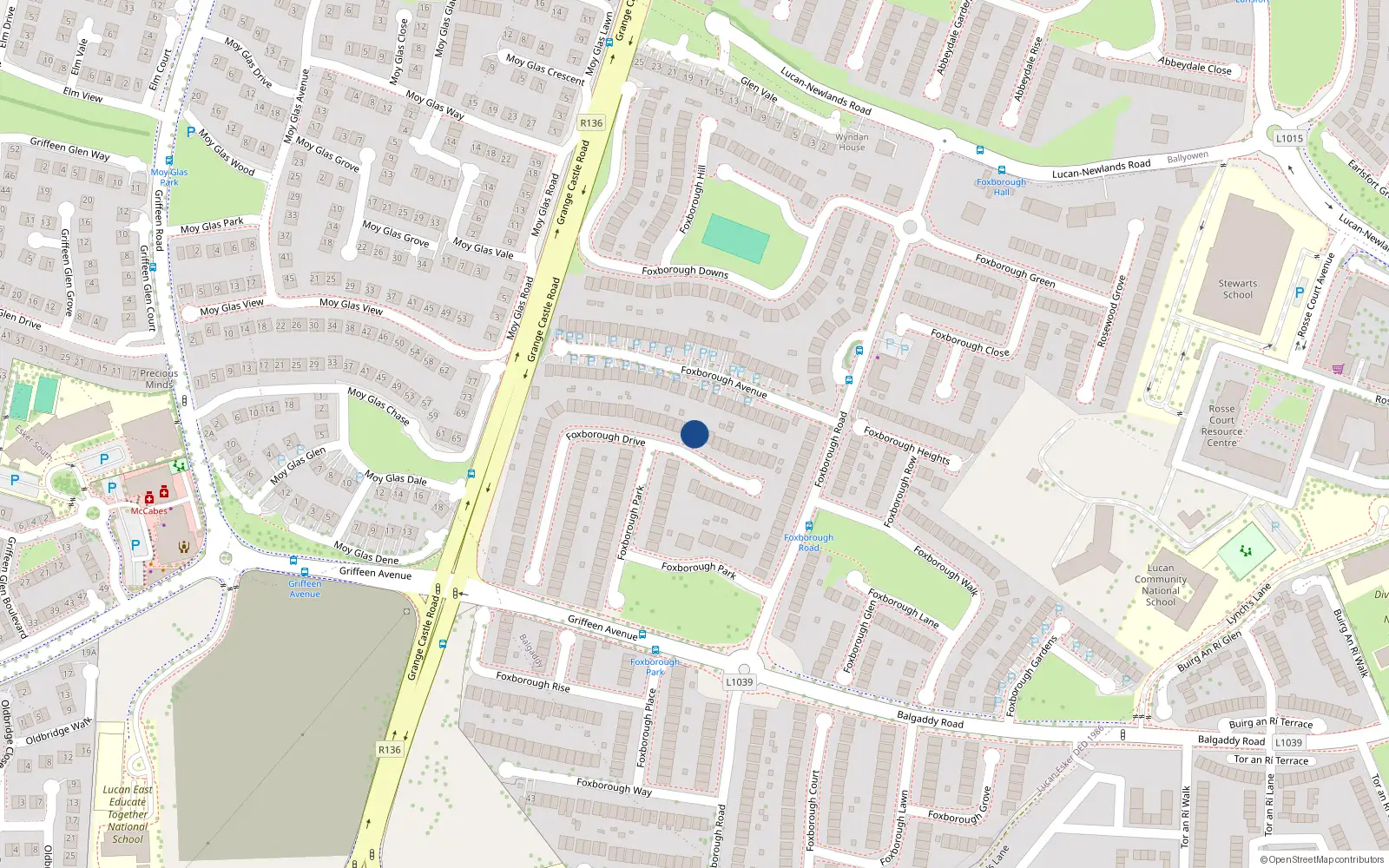 Overhead map showing the location of 20 Foxborough Drive, Lucan