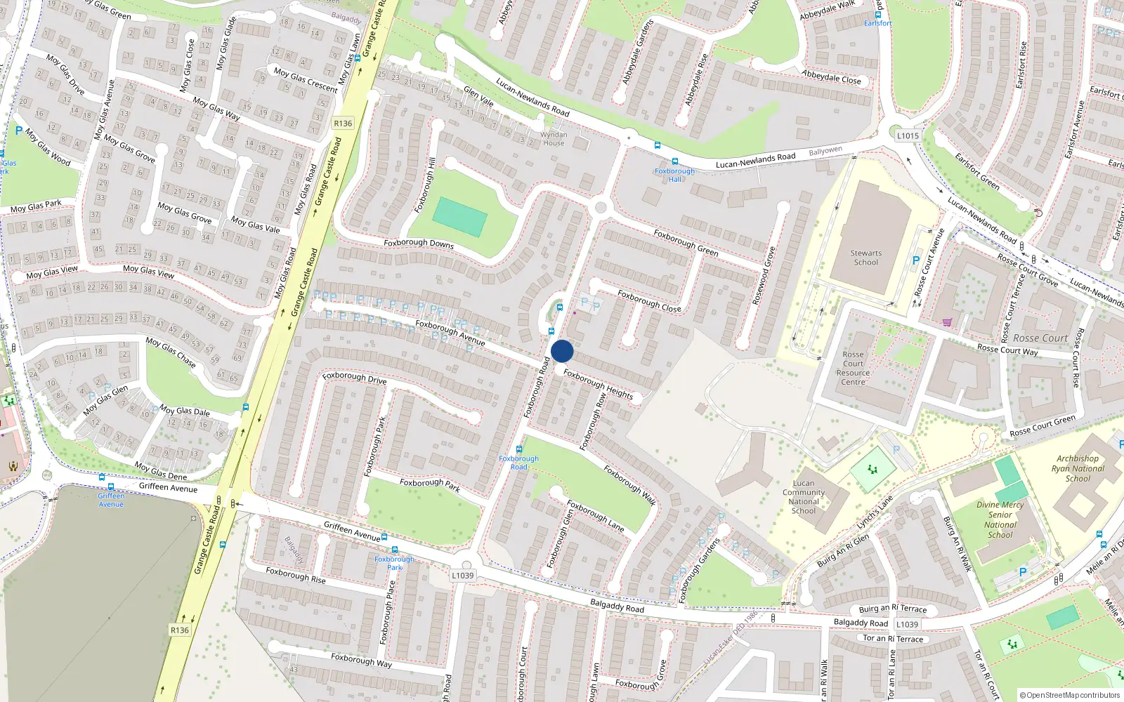 Overhead map showing the location of 20 Foxborough Heights, Lucan, Dublin