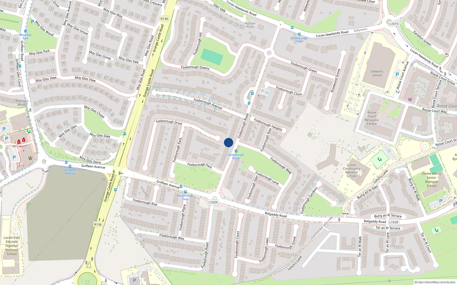 Overhead map showing the location of 20 Foxborough Road, Lucan
