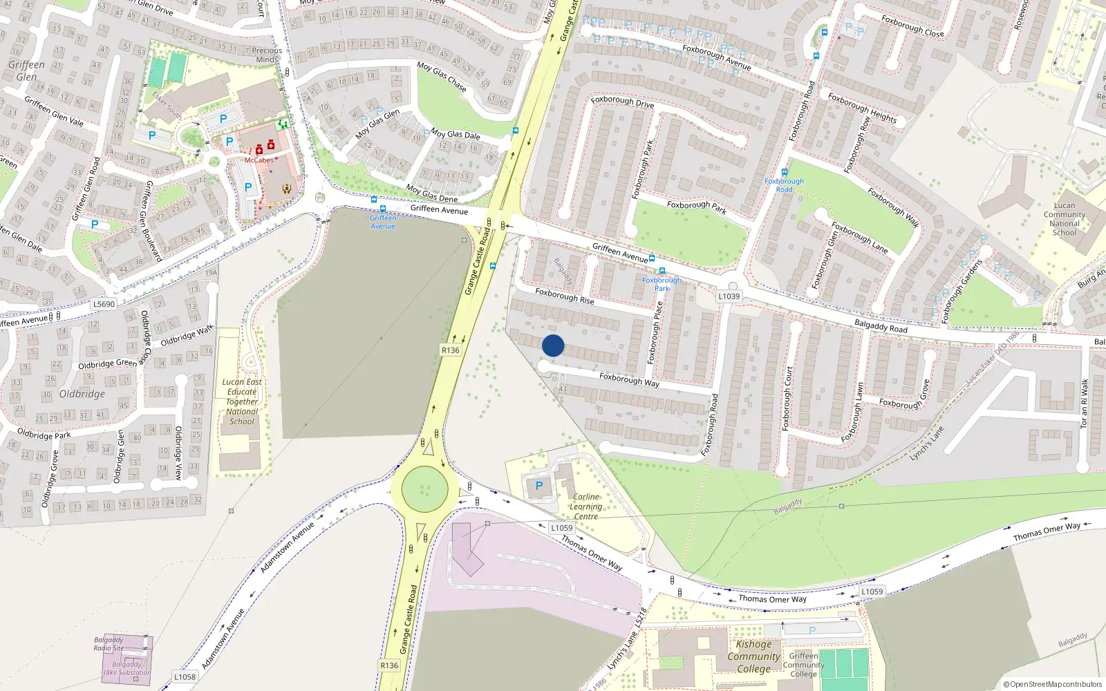 Overhead map showing the location of 20 Foxborough Way, Lucan