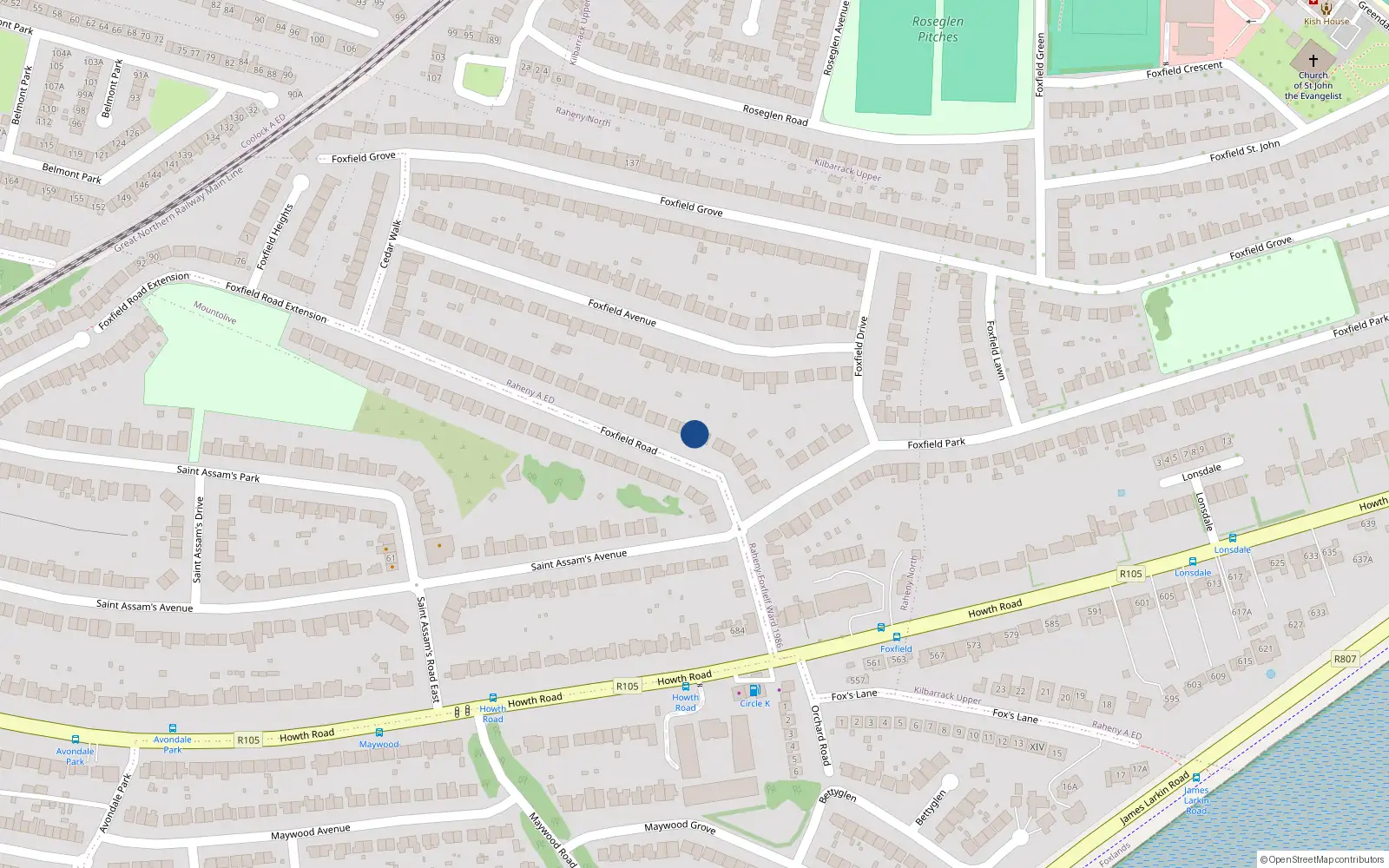 Overhead map showing the location of 20 Foxfield Road, Dublin 5