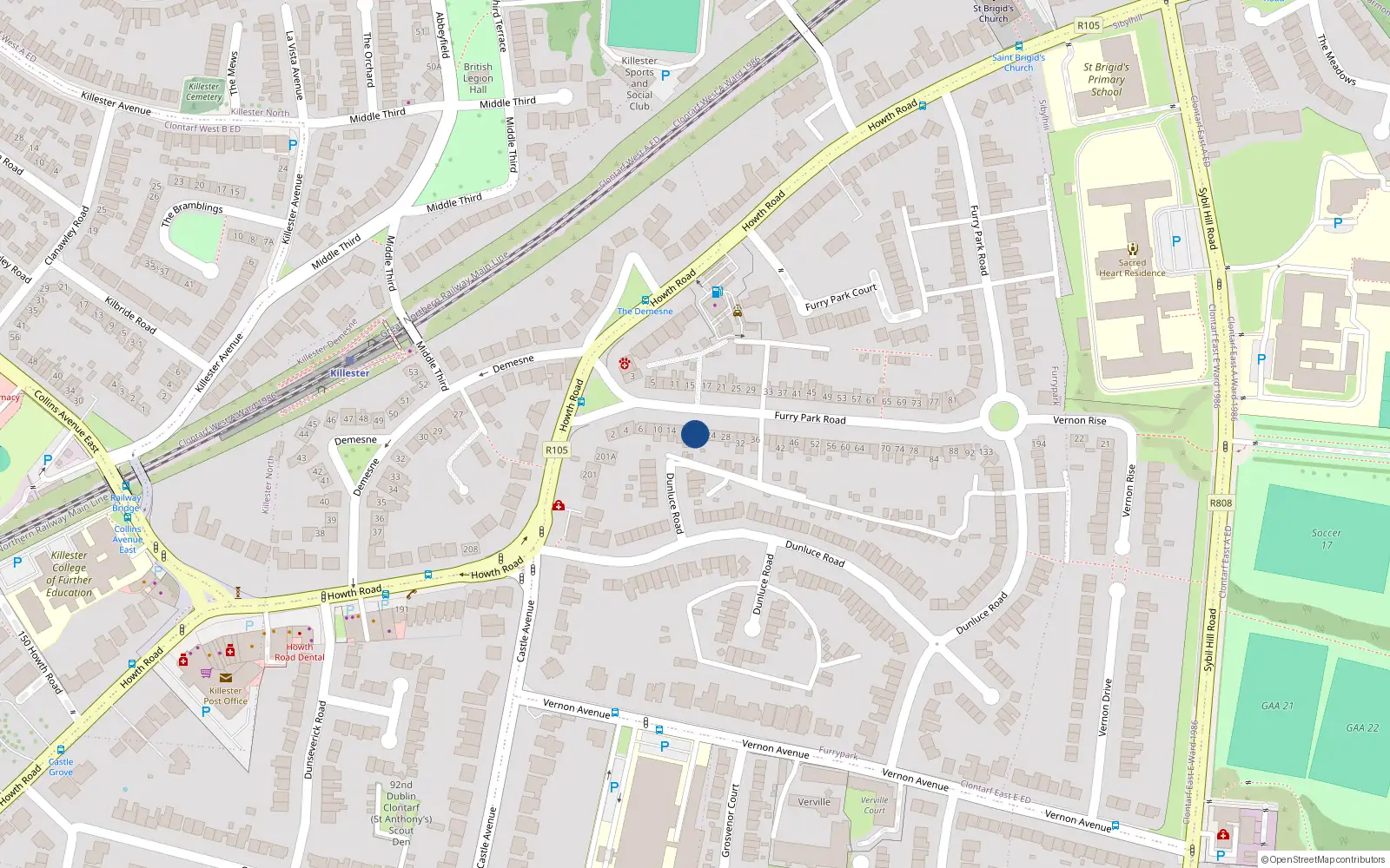 Overhead map showing the location of 20 Furry Park Road, Dublin 5