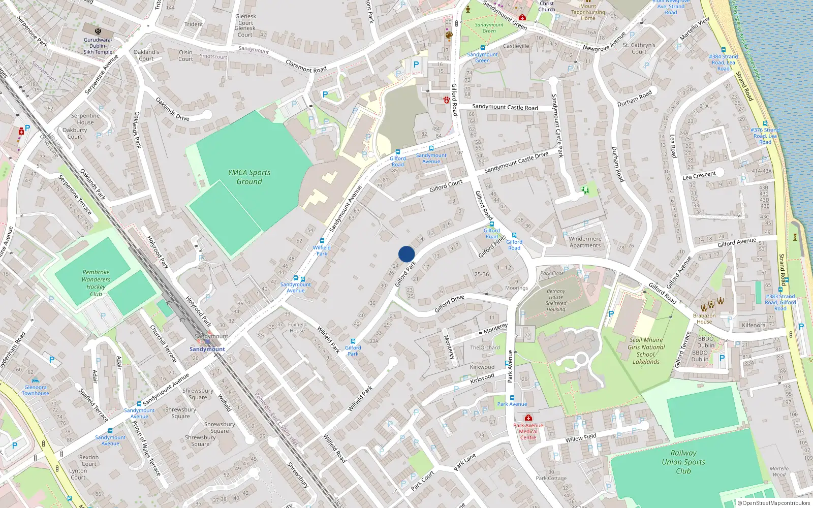 Overhead map showing the location of 20 Gilford Park, Sandymount