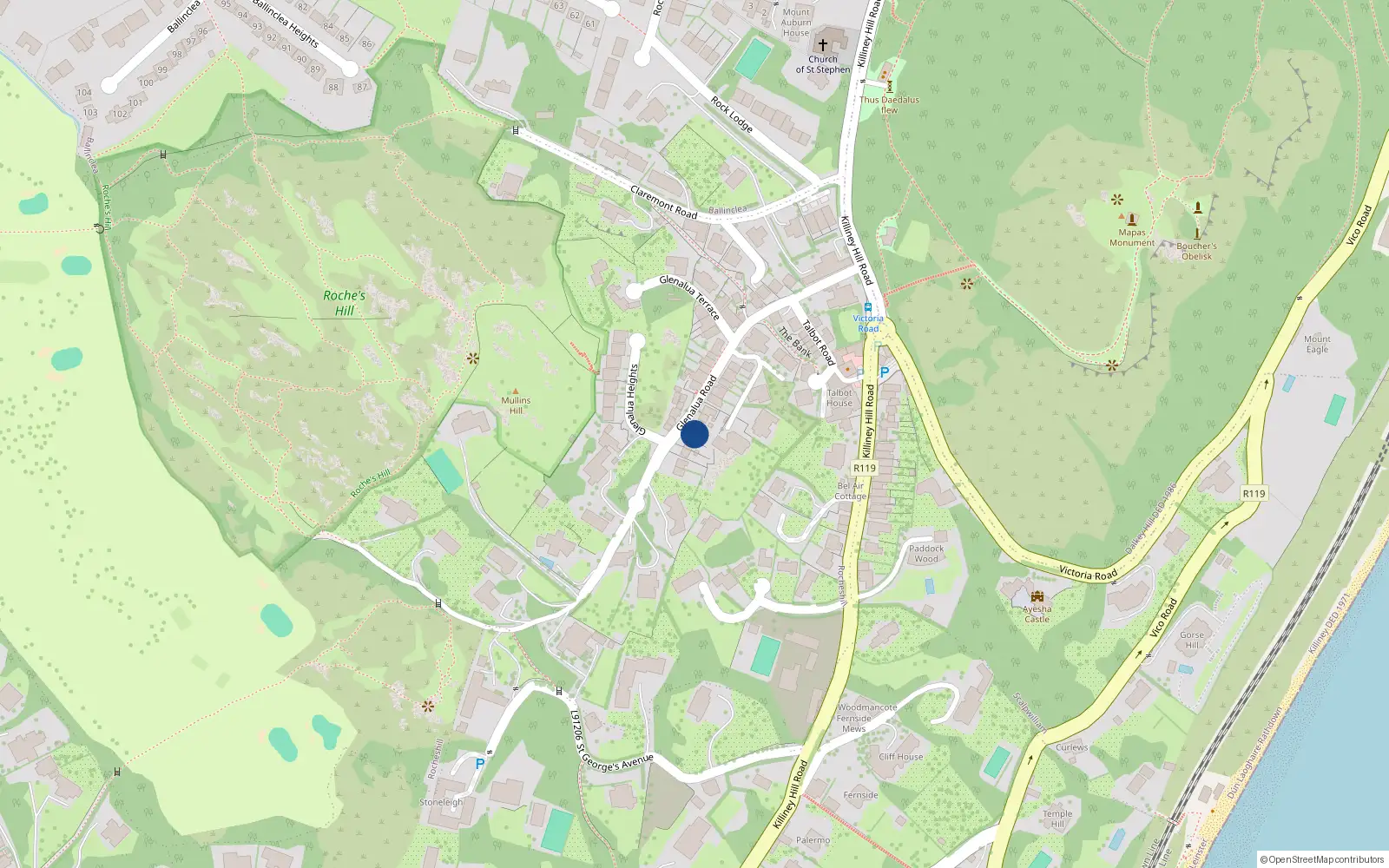 Overhead map showing the location of 20 Glenalua Road, Killiney