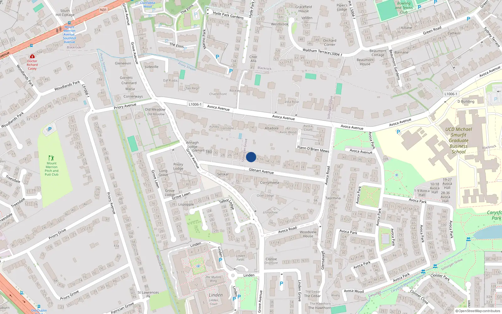 Overhead map showing the location of 20 Glenart Avenue, Blackrock