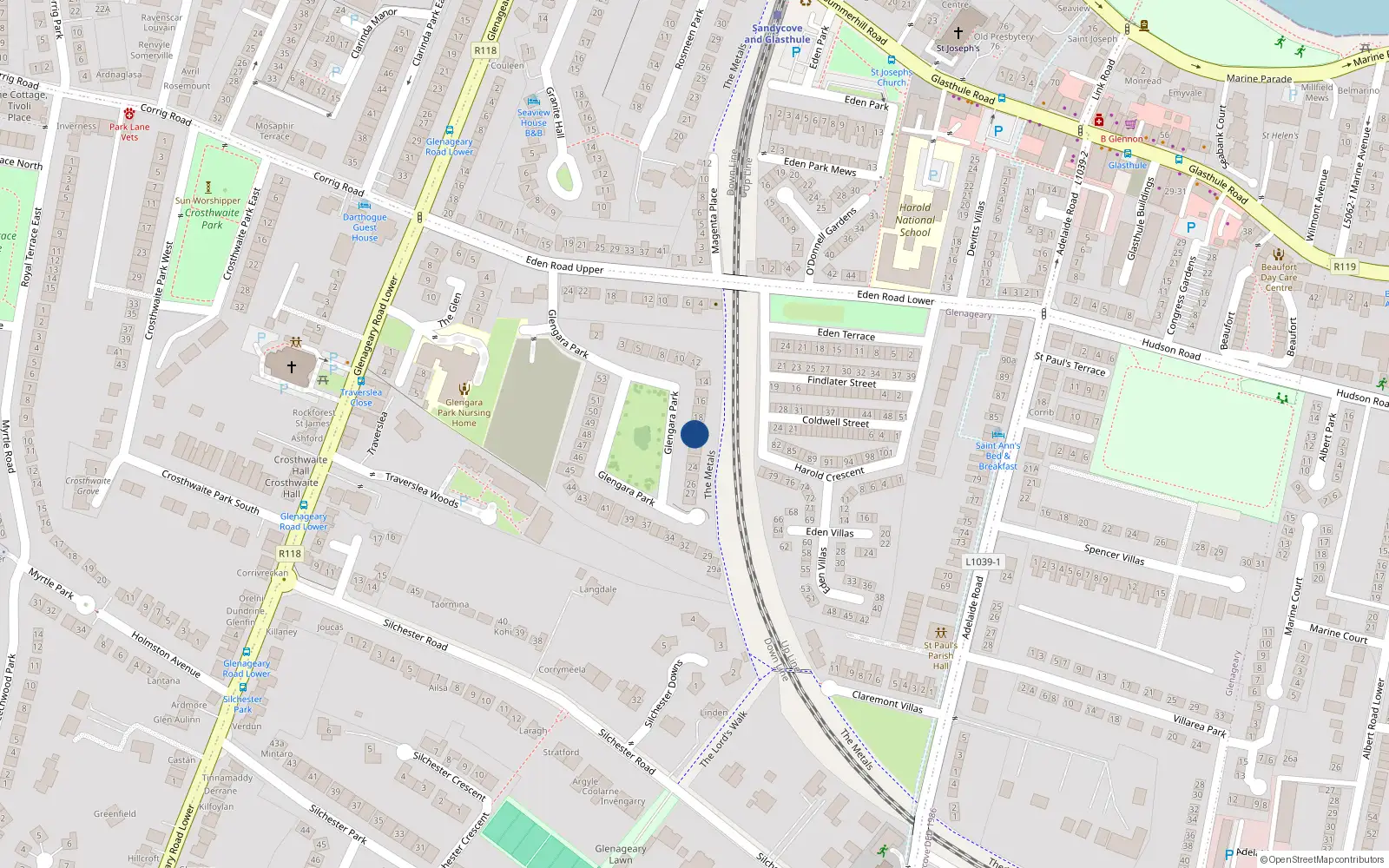 Overhead map showing the location of 20 Glengara Park, Glenageary, Dublin