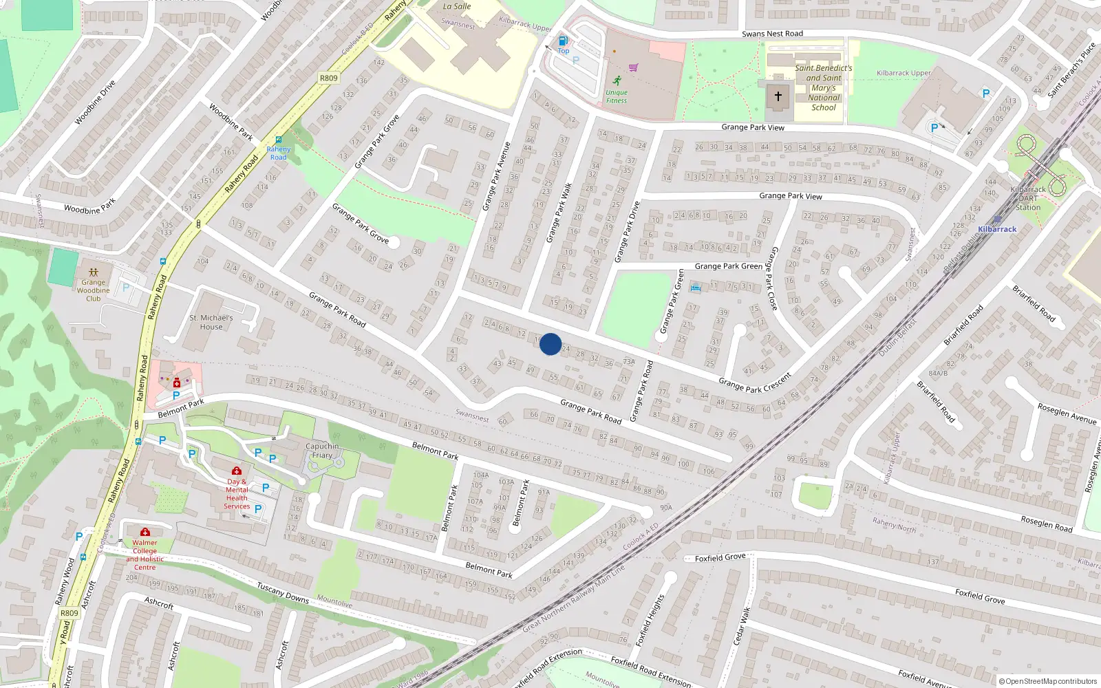 Overhead map showing the location of 20 Grange Park Crescent, Raheny, Dublin 5