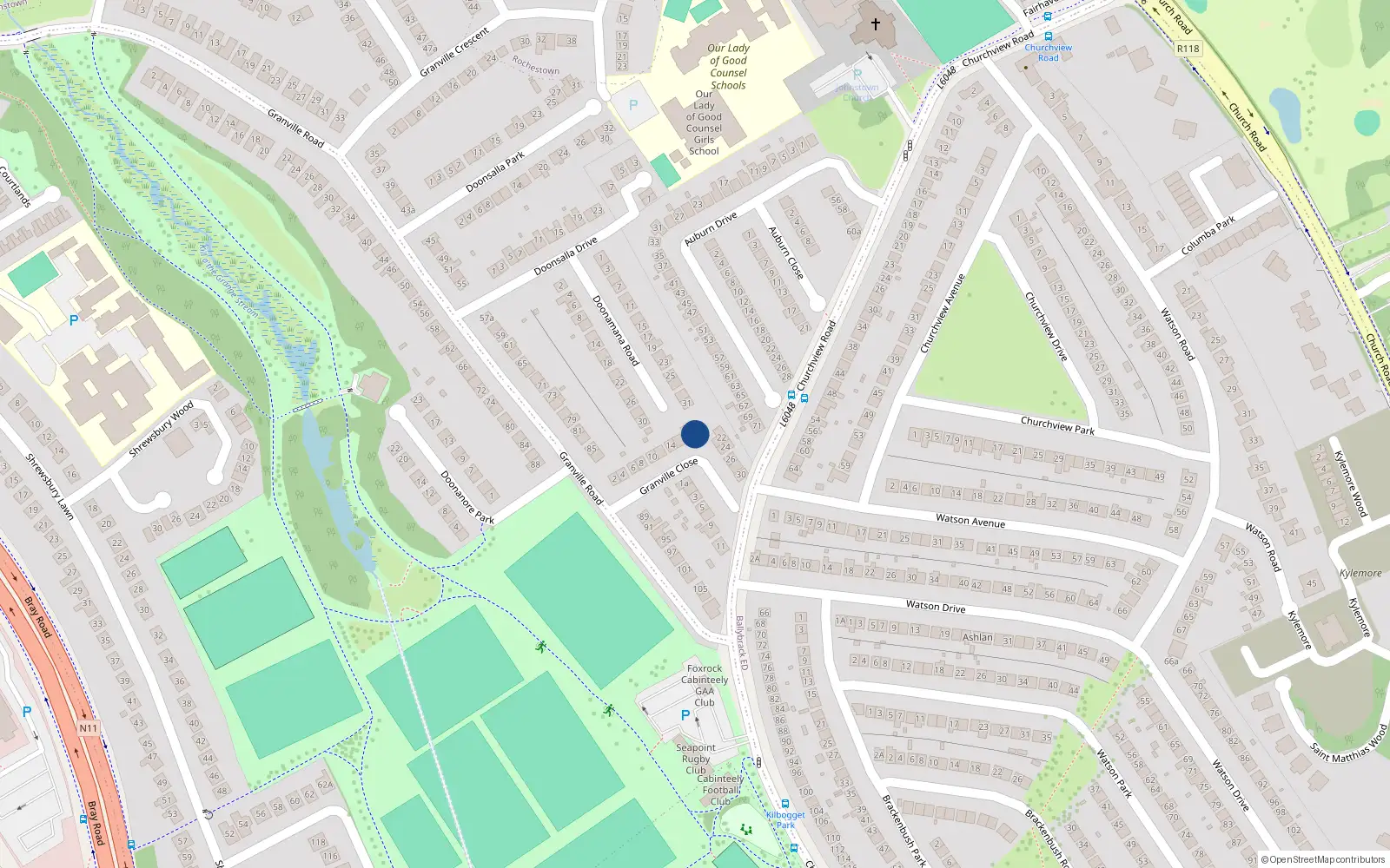 Overhead map showing the location of 20 Granville Close, Dublin