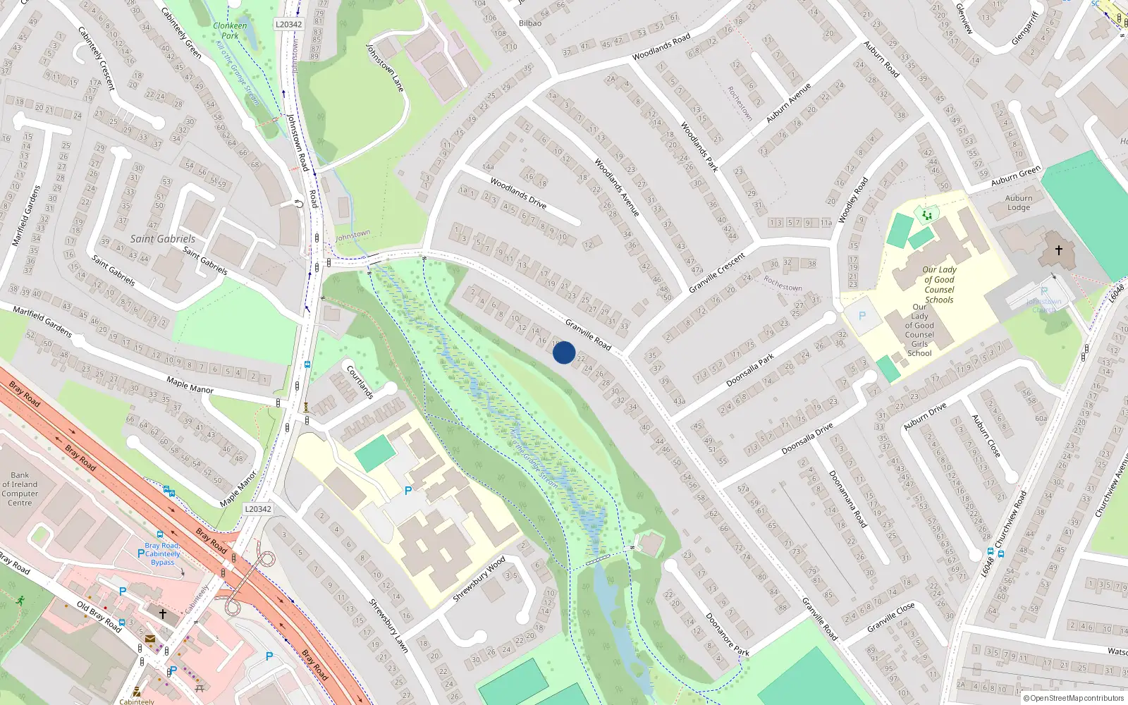 Overhead map showing the location of 20 Granville Road, Dublin