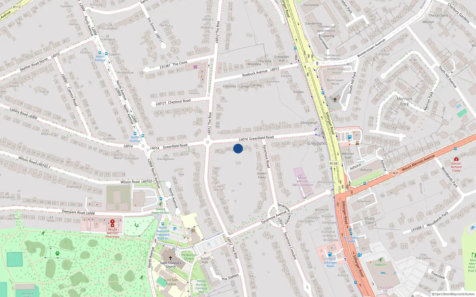 Overhead map showing the location of 20 Greenfield Road, Blackrock