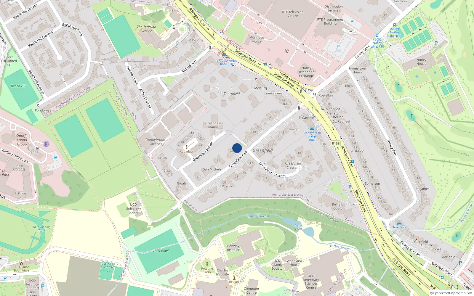 Overhead map showing the location of 20 Greenfield Park, Dublin 4
