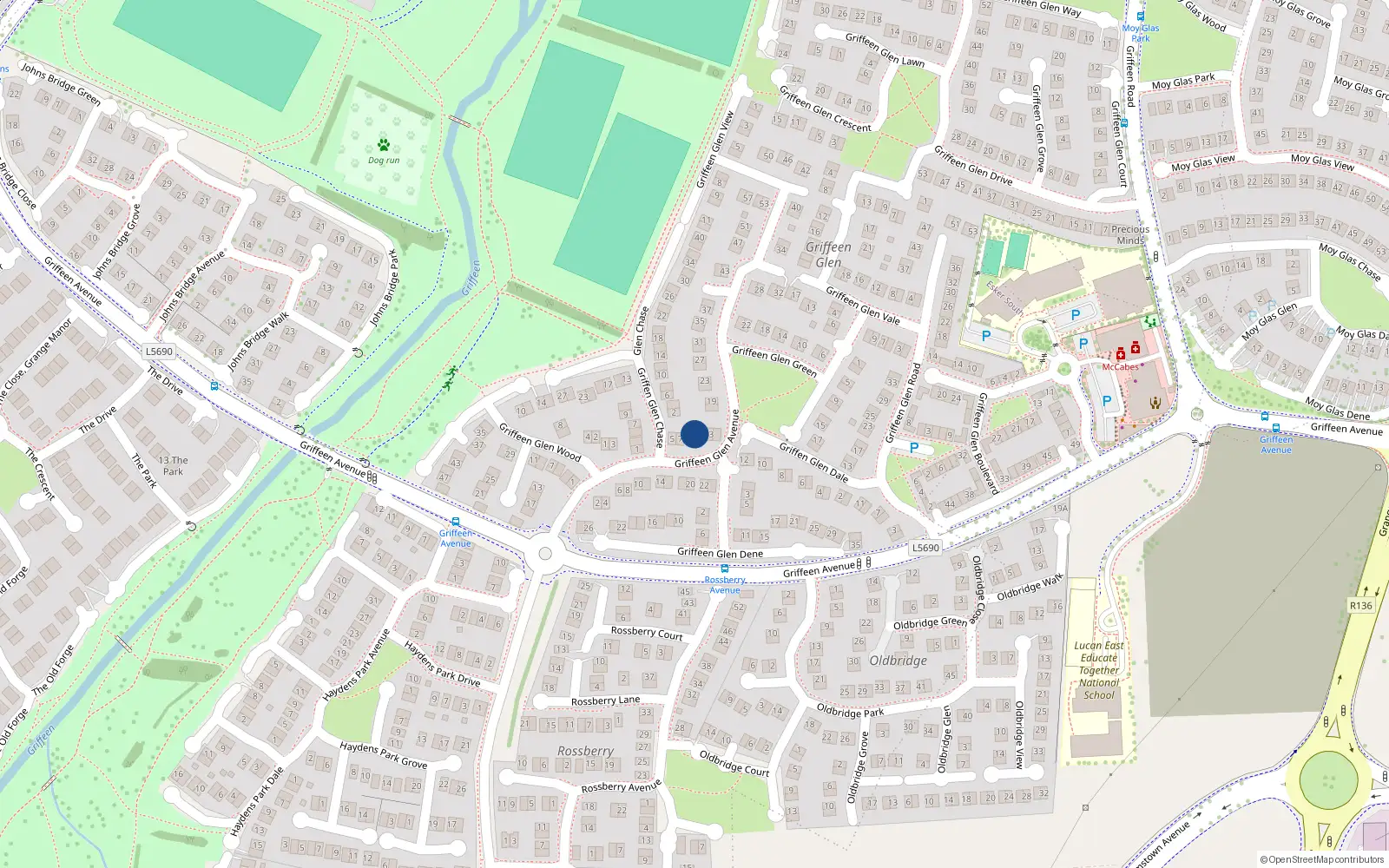 Overhead map showing the location of 20 Griffeen Glen Avenue, Lucan