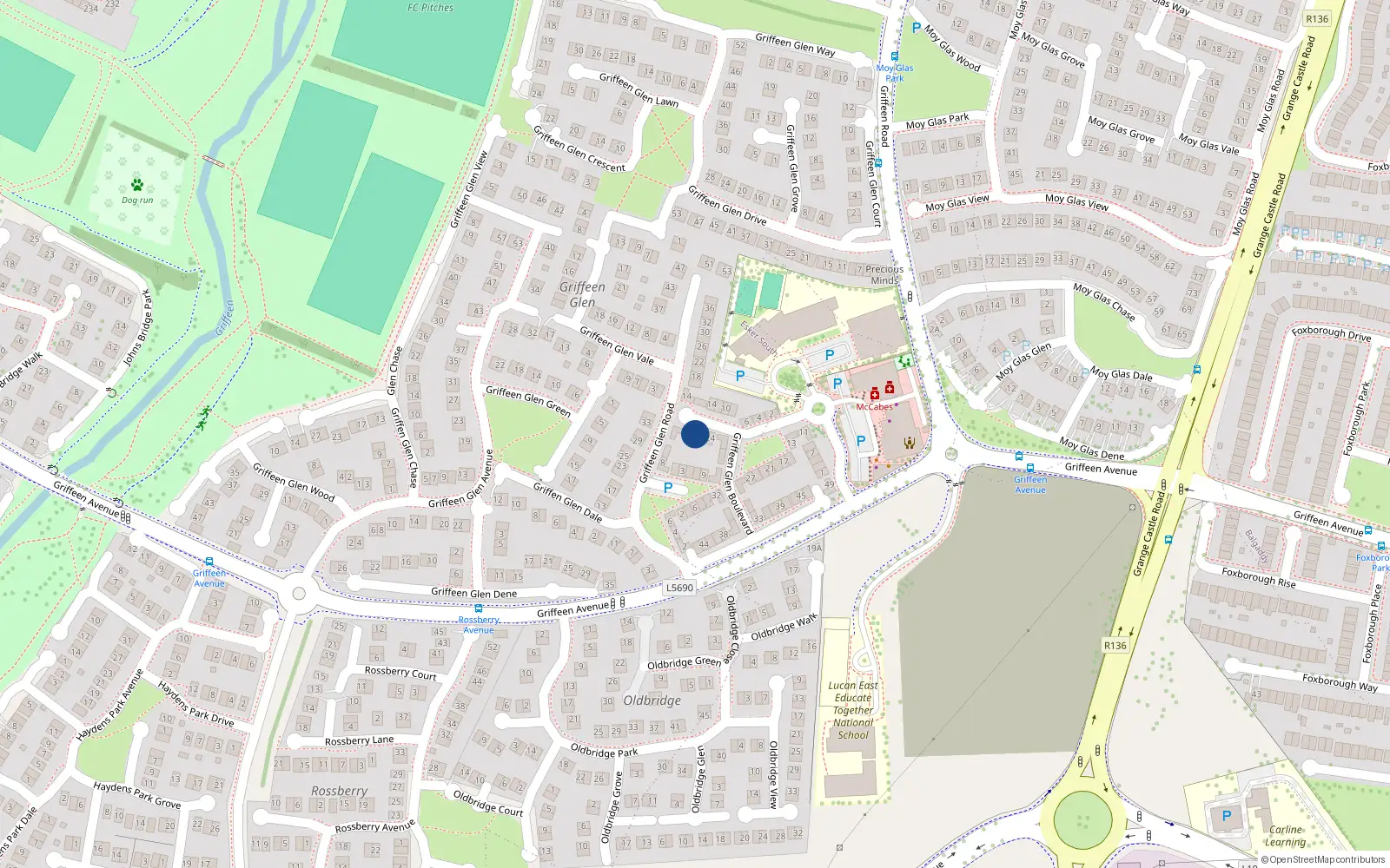 Overhead map showing the location of 20 Griffeen Glen Boulevard, Lucan