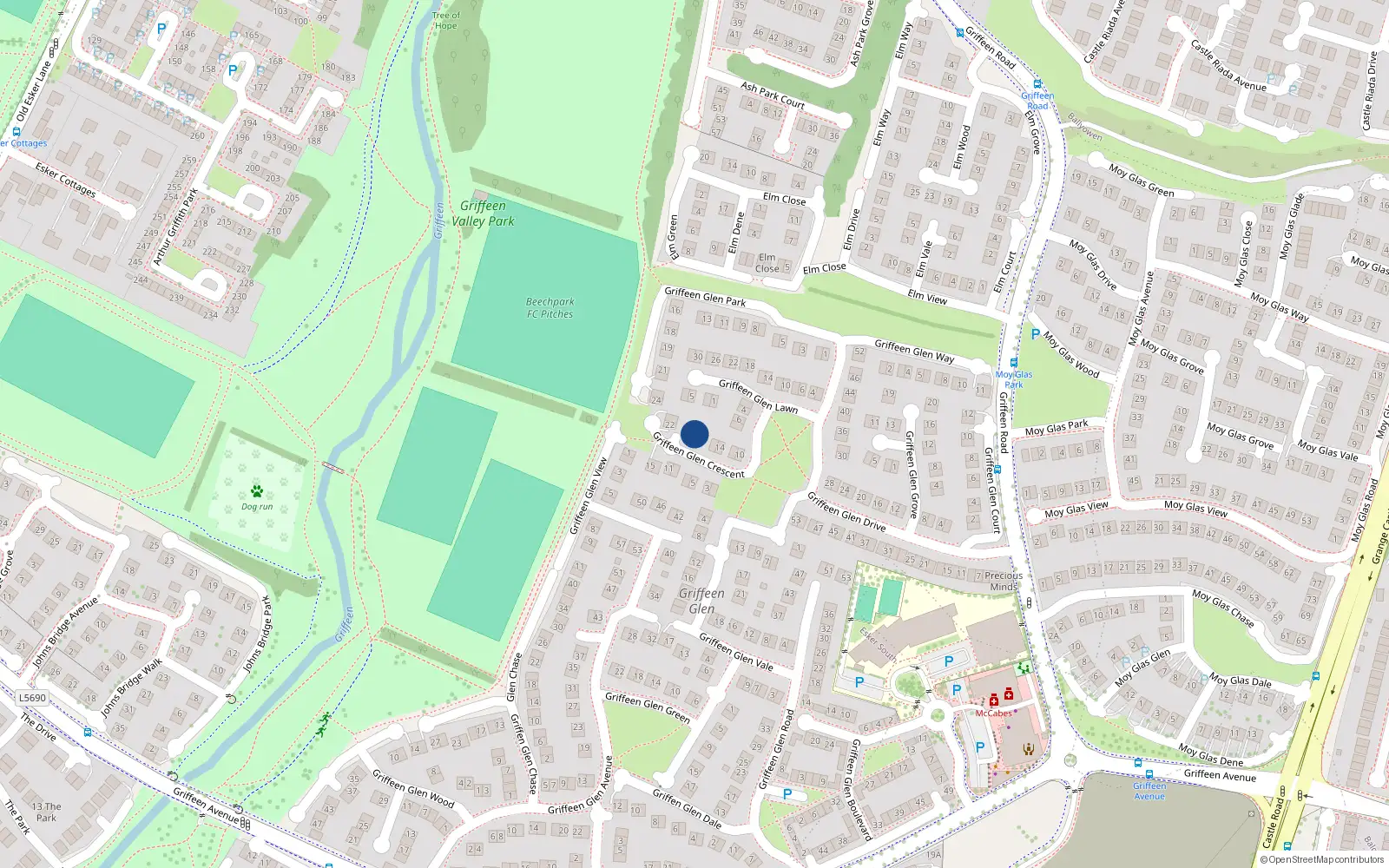 Overhead map showing the location of 20 Griffeen Glen Crescent, Lucan