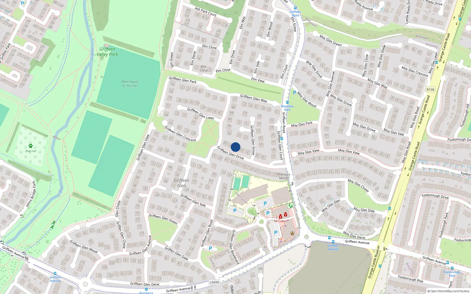 Overhead map showing the location of 20 Griffeen Glen Drive, Lucan