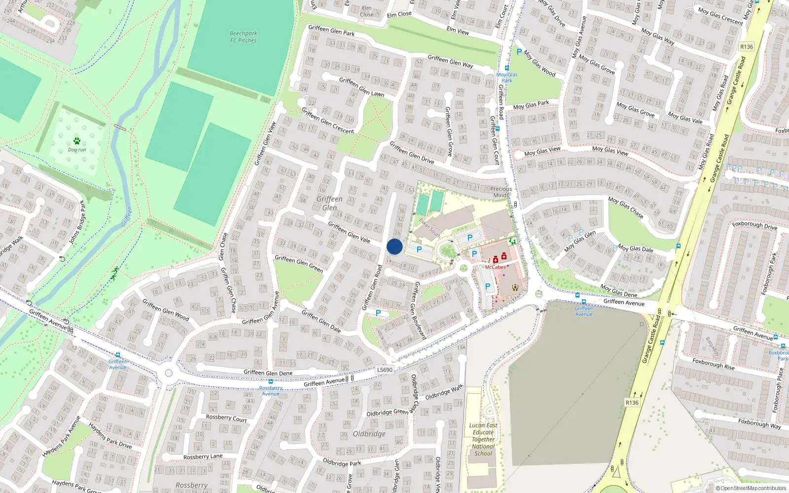 Overhead map showing the location of 20 Griffeen Glen Road, Lucan