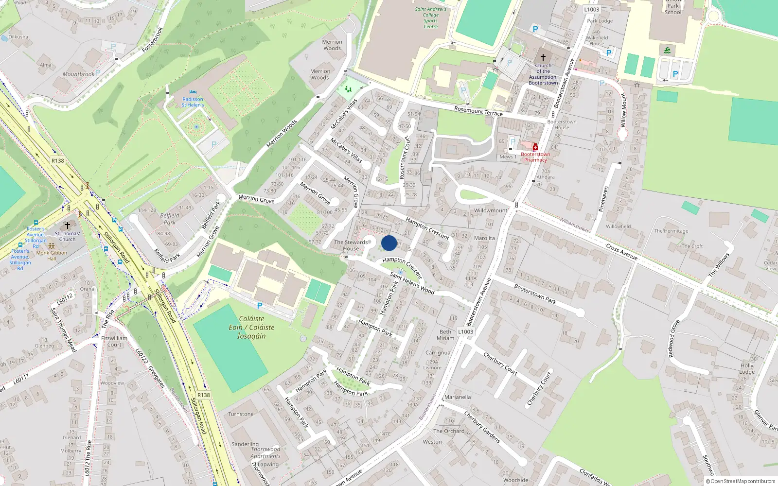 Overhead map showing the location of 20 Hampton Crescent, St Helens Wood Booterstown, Blackrock