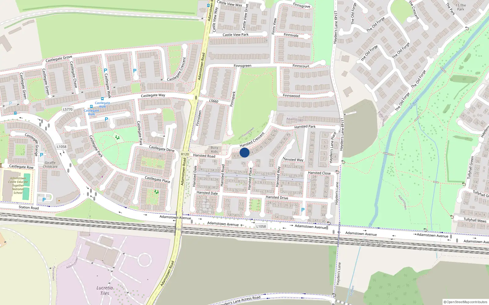 Overhead map showing the location of 20 Hansted Crescent, Lucan