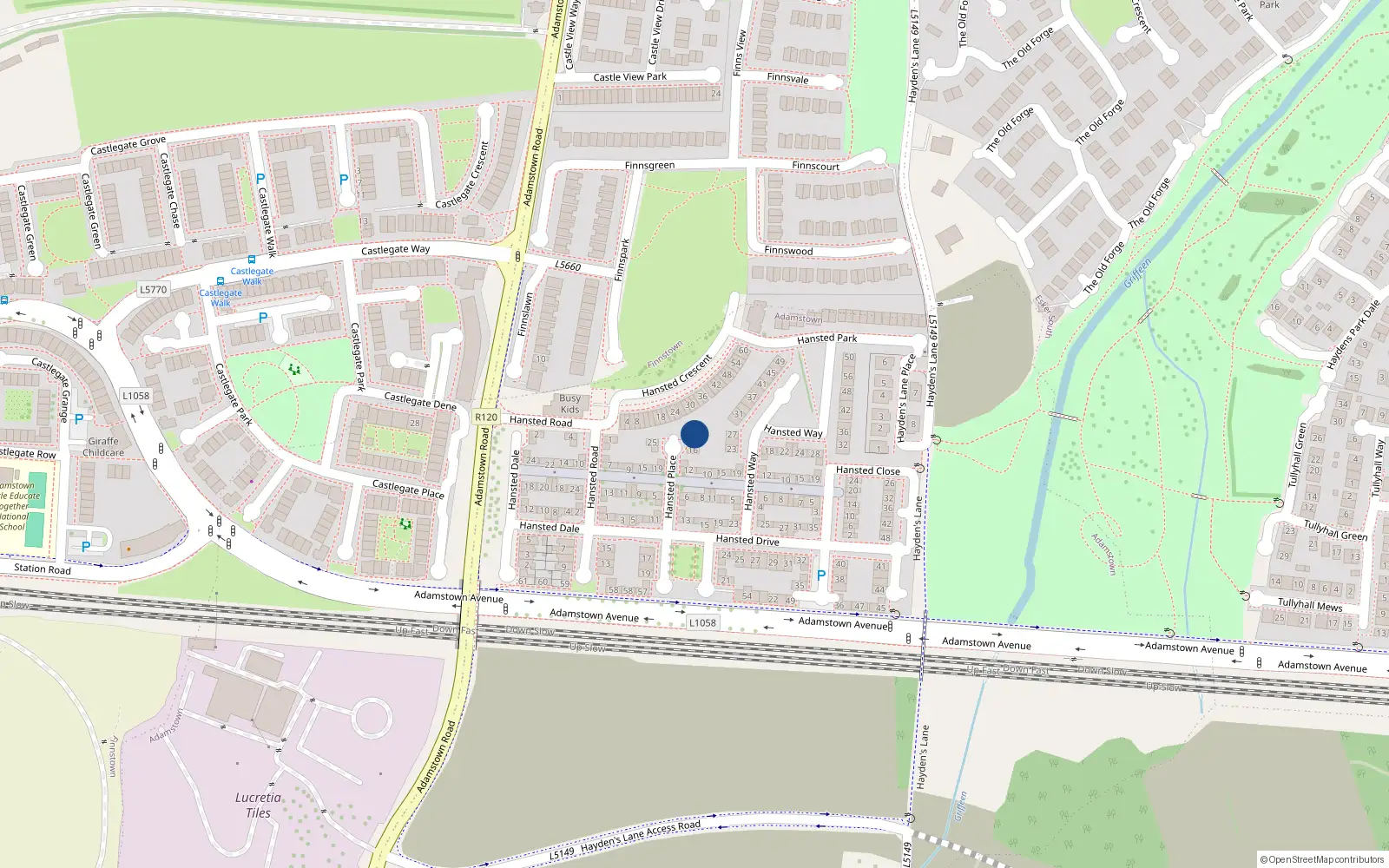 Overhead map showing the location of 20 Hansted Place, Lucan