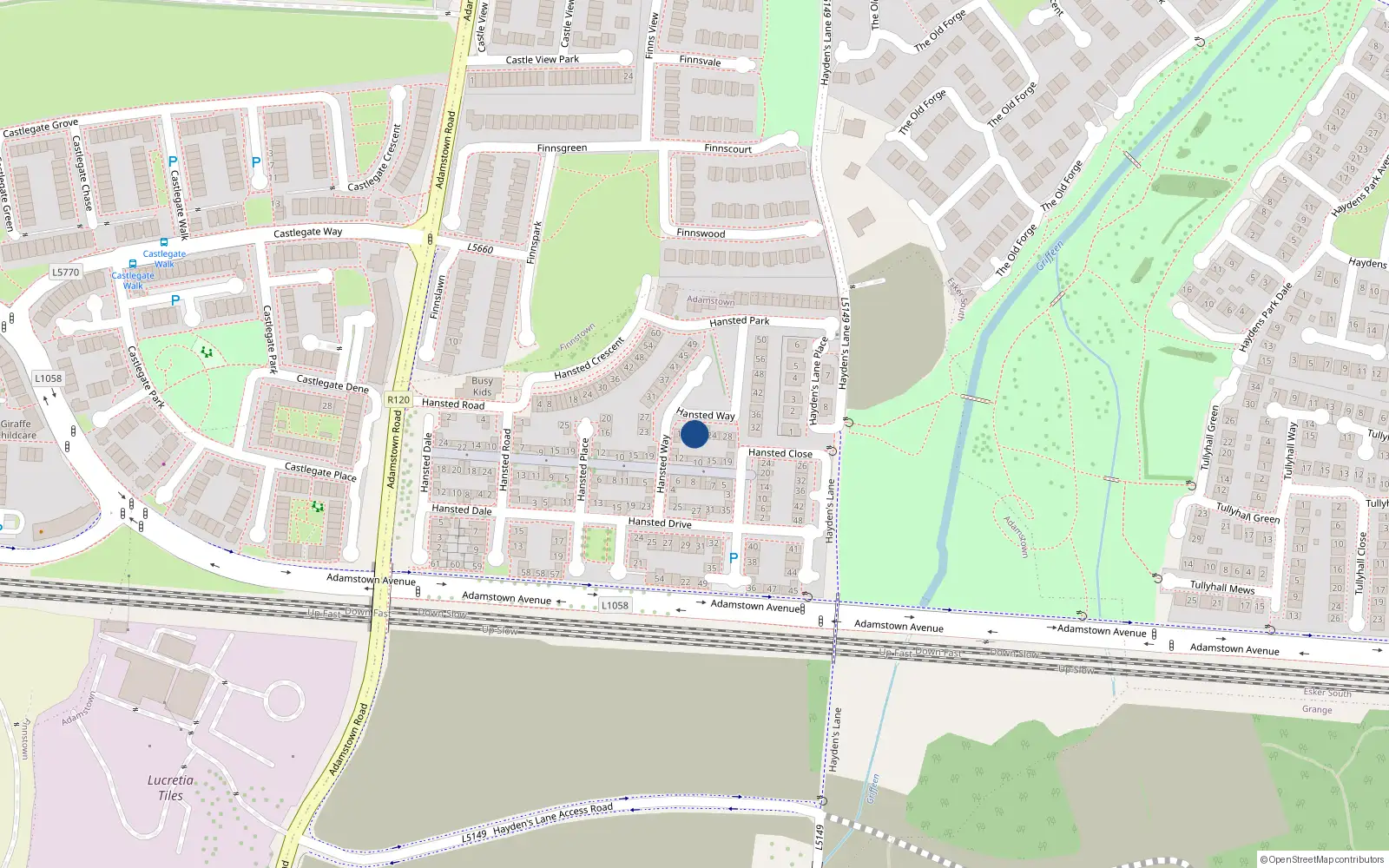 Overhead map showing the location of 20 Hansted Way, Lucan