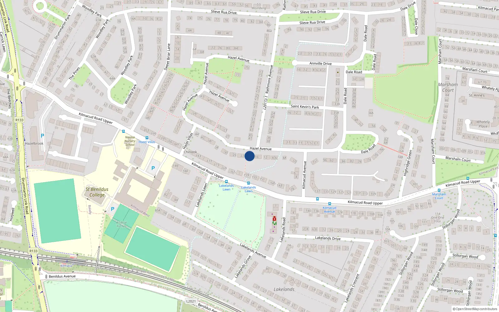 Overhead map showing the location of 20 Hazel Avenue, Blackrock
