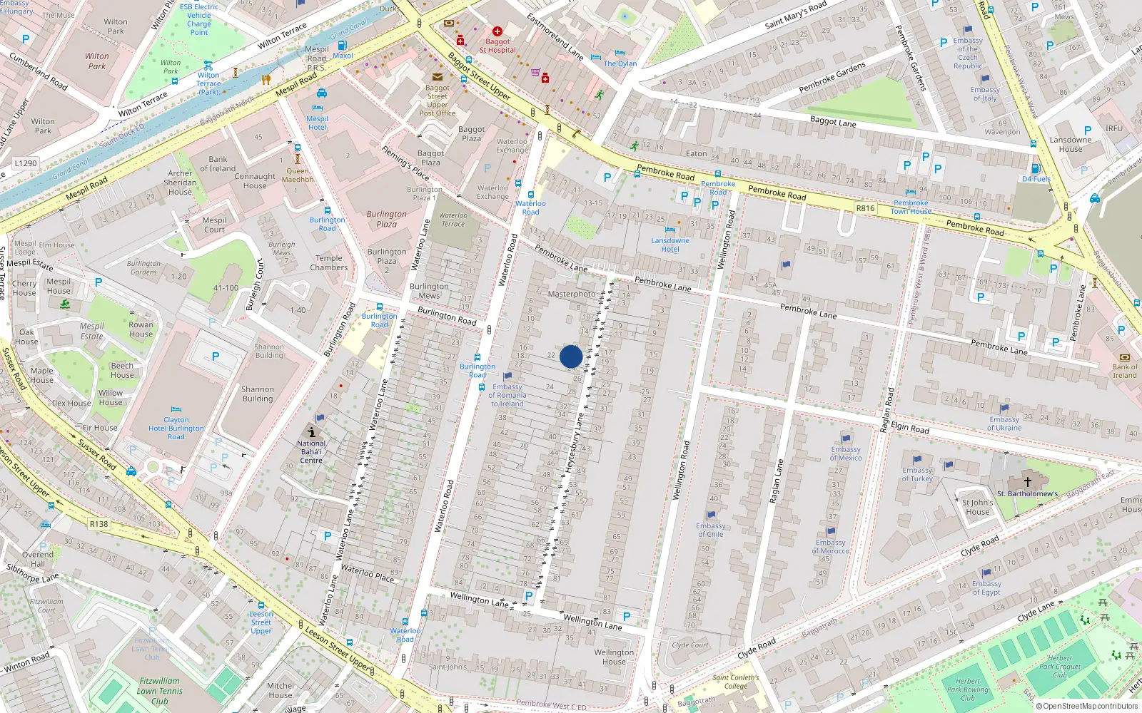 Overhead map showing the location of 20 Heytesbury Lane, Dublin 4