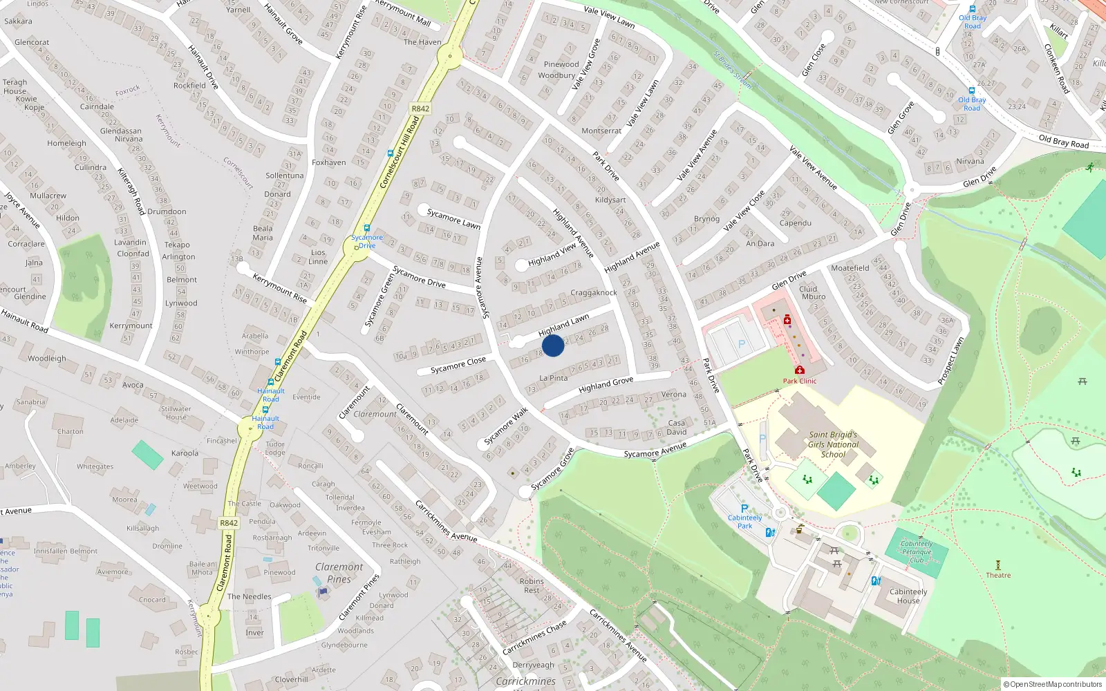 Overhead map showing the location of 20 Highland Lawn, Dublin 18