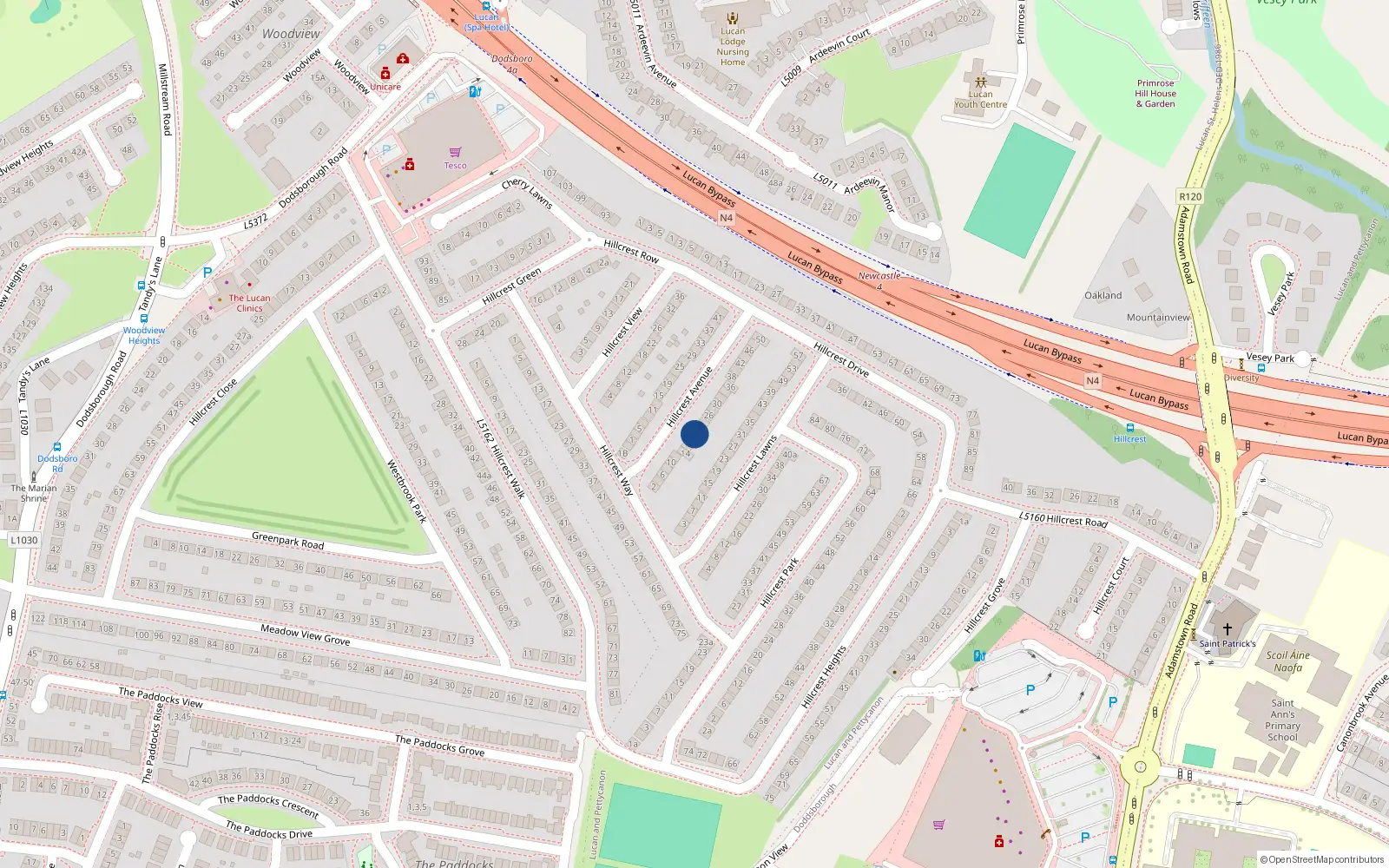 Overhead map showing the location of 20 Hillcrest Avenue, Lucan, Dublin