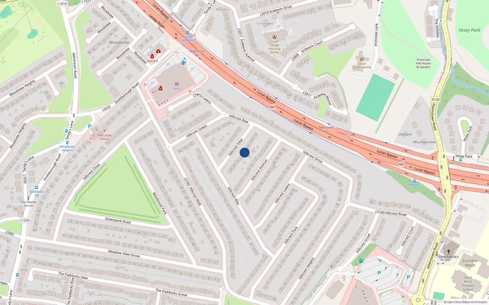 Overhead map showing the location of 20 Hillcrest View, Lucan