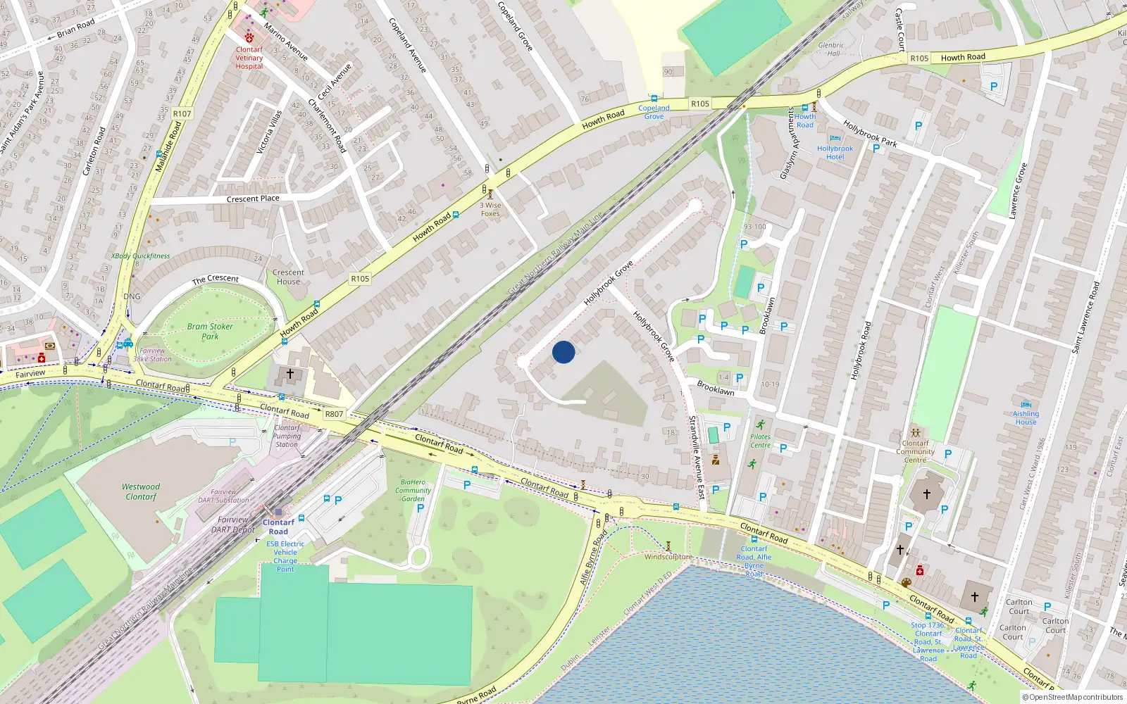 Overhead map showing the location of 20 Hollybrook Grove, Dublin 3