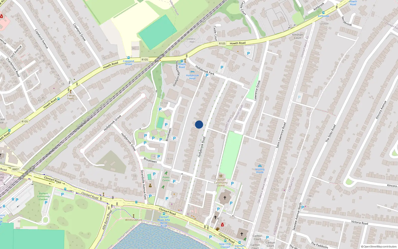 Overhead map showing the location of 20 Hollybrook Road, Clontarf, Dublin 3