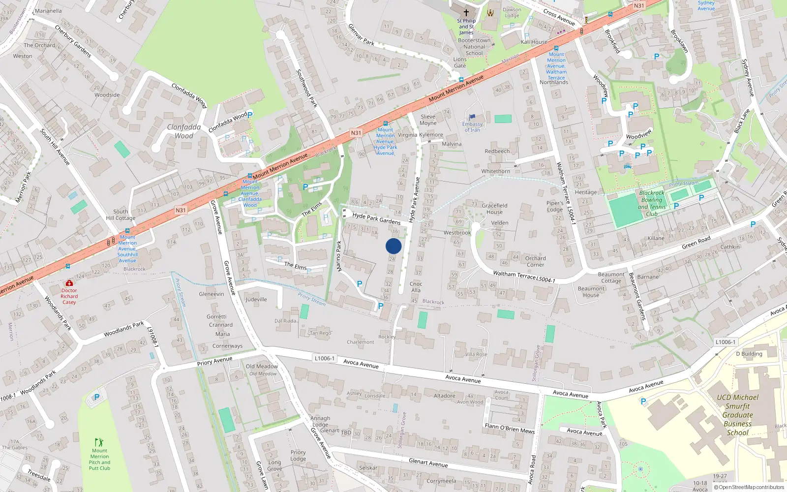 Overhead map showing the location of 20 Hyde Park Avenue, Blackrock