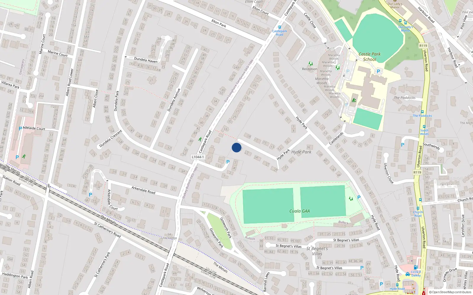 Overhead map showing the location of 20 Hyde Park, Dalkey, Dublin