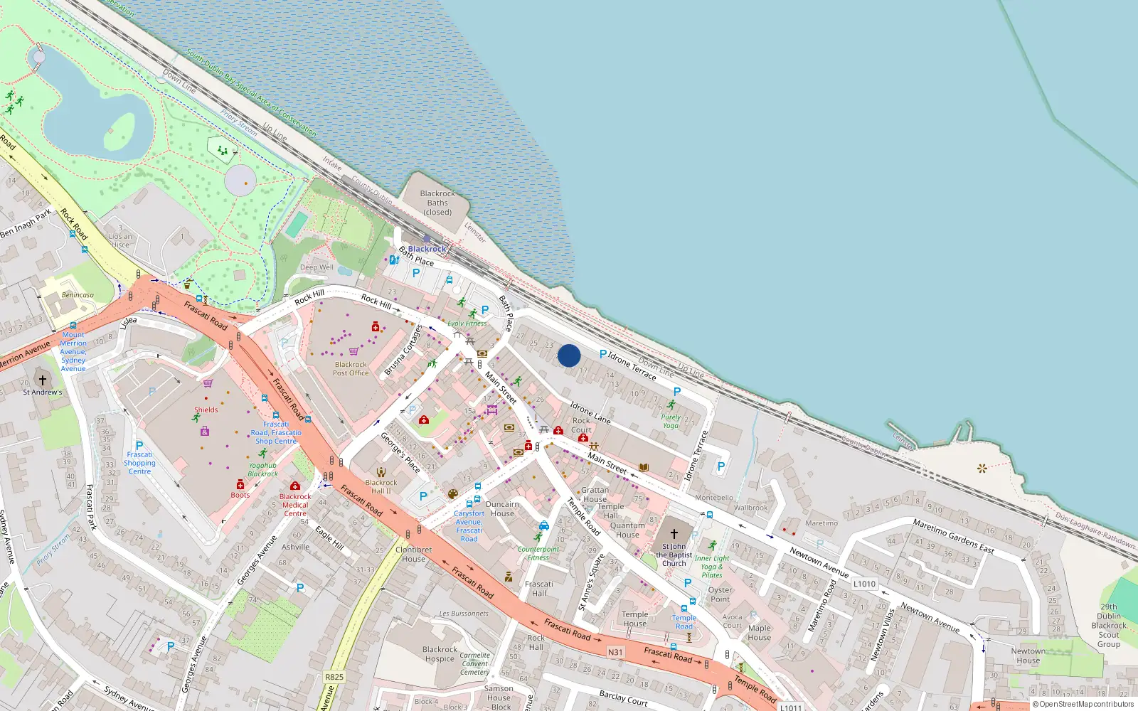 Overhead map showing the location of 20 Idrone Terrace, Blackrock, Dublin