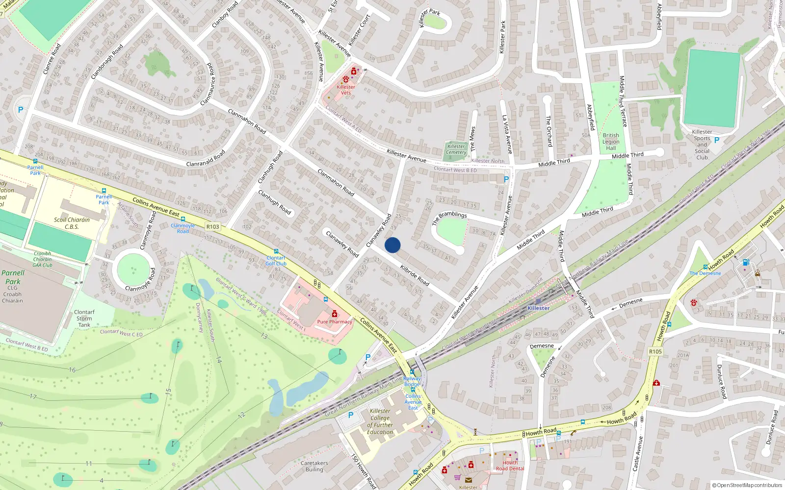 Overhead map showing the location of 20 Kilbride Road, Dublin 5