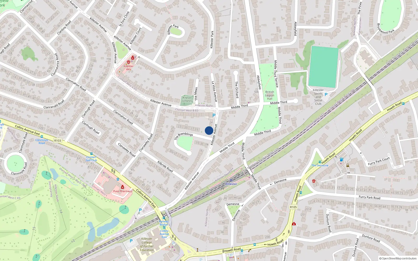 Overhead map showing the location of 20 Killester Avenue, Dublin 5, Dublin