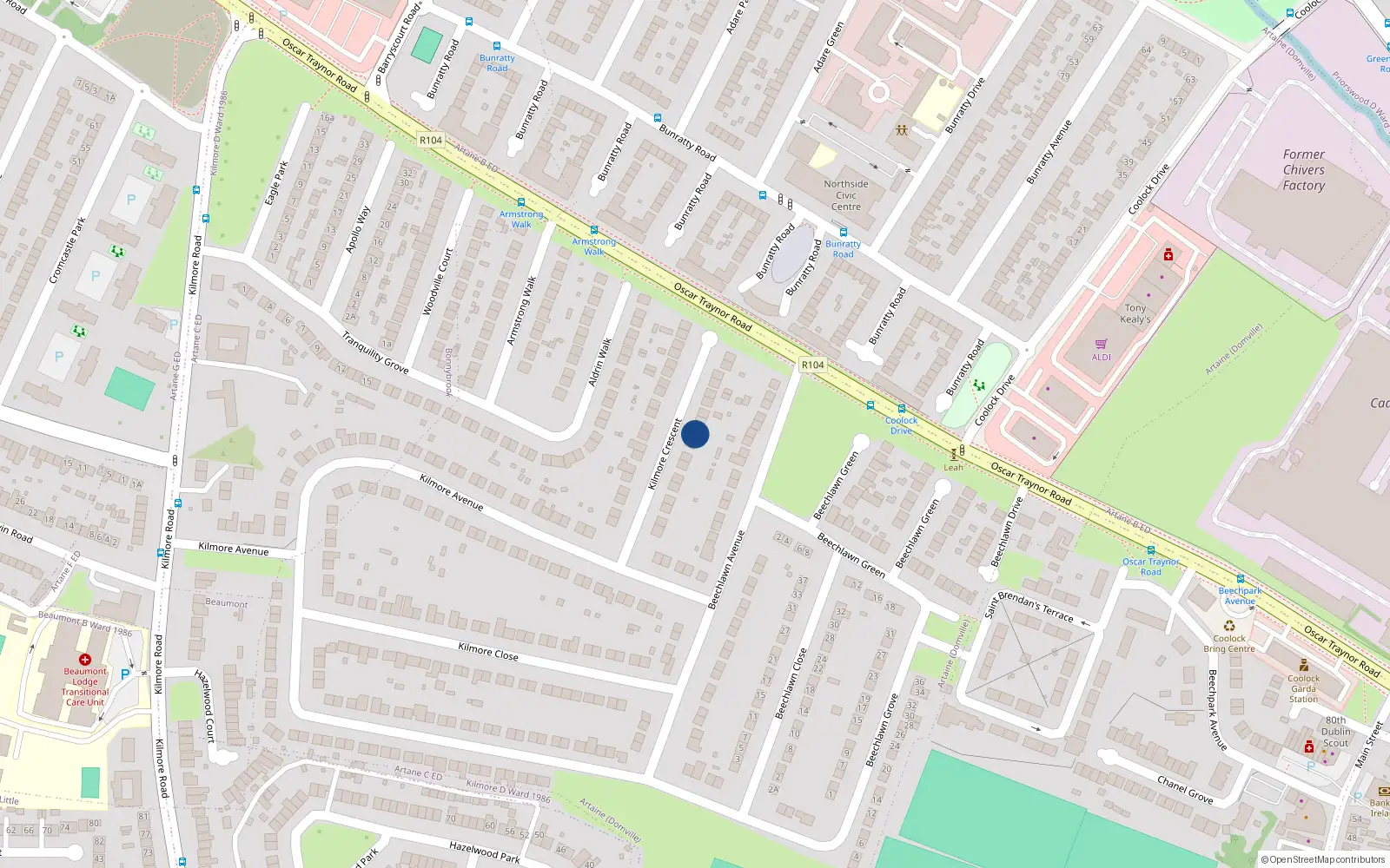 Overhead map showing the location of 20 Kilmore Crescent, Artane, Dublin 5