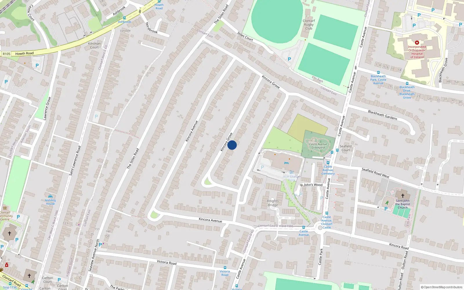 Overhead map showing the location of 20 Kincora Drive, Clontarf, Dublin 3