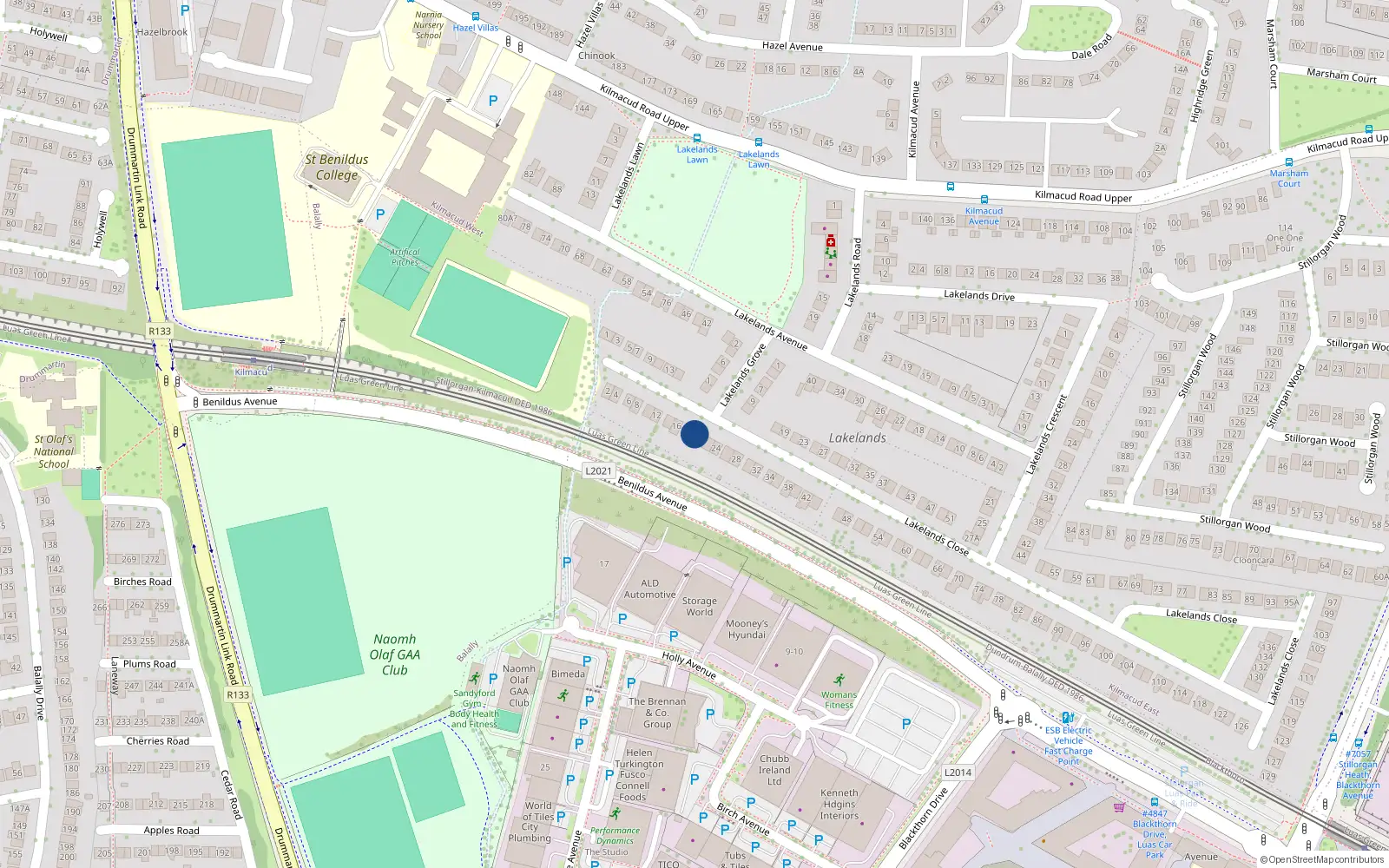 Overhead map showing the location of 20 Lakelands Close, Dublin