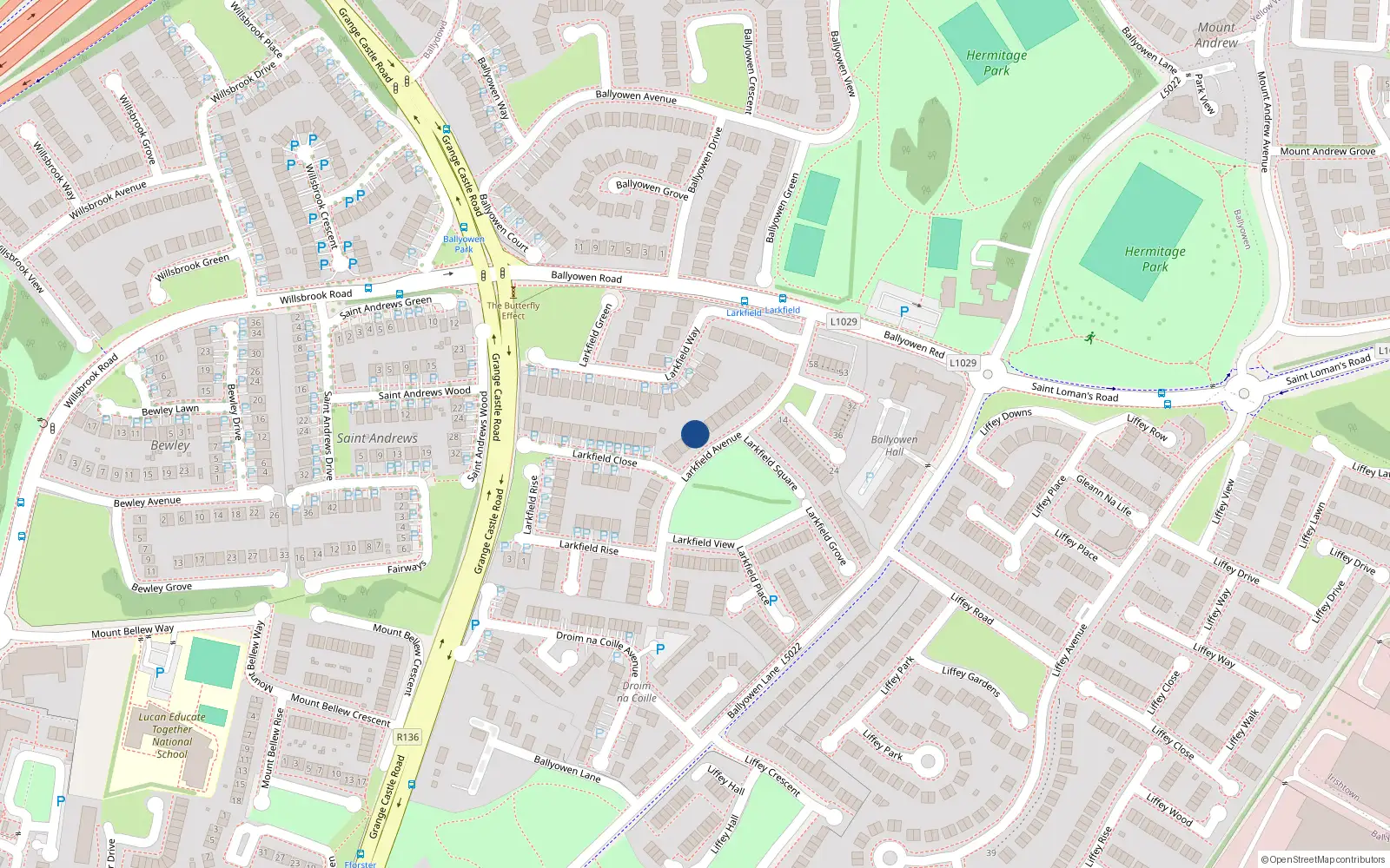 Overhead map showing the location of 20 Larkfield Avenue, Lucan