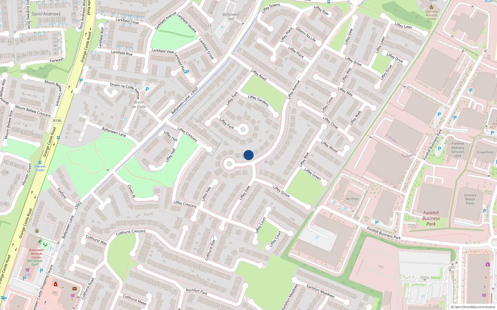 Overhead map showing the location of 20 Liffey Avenue, Lucan