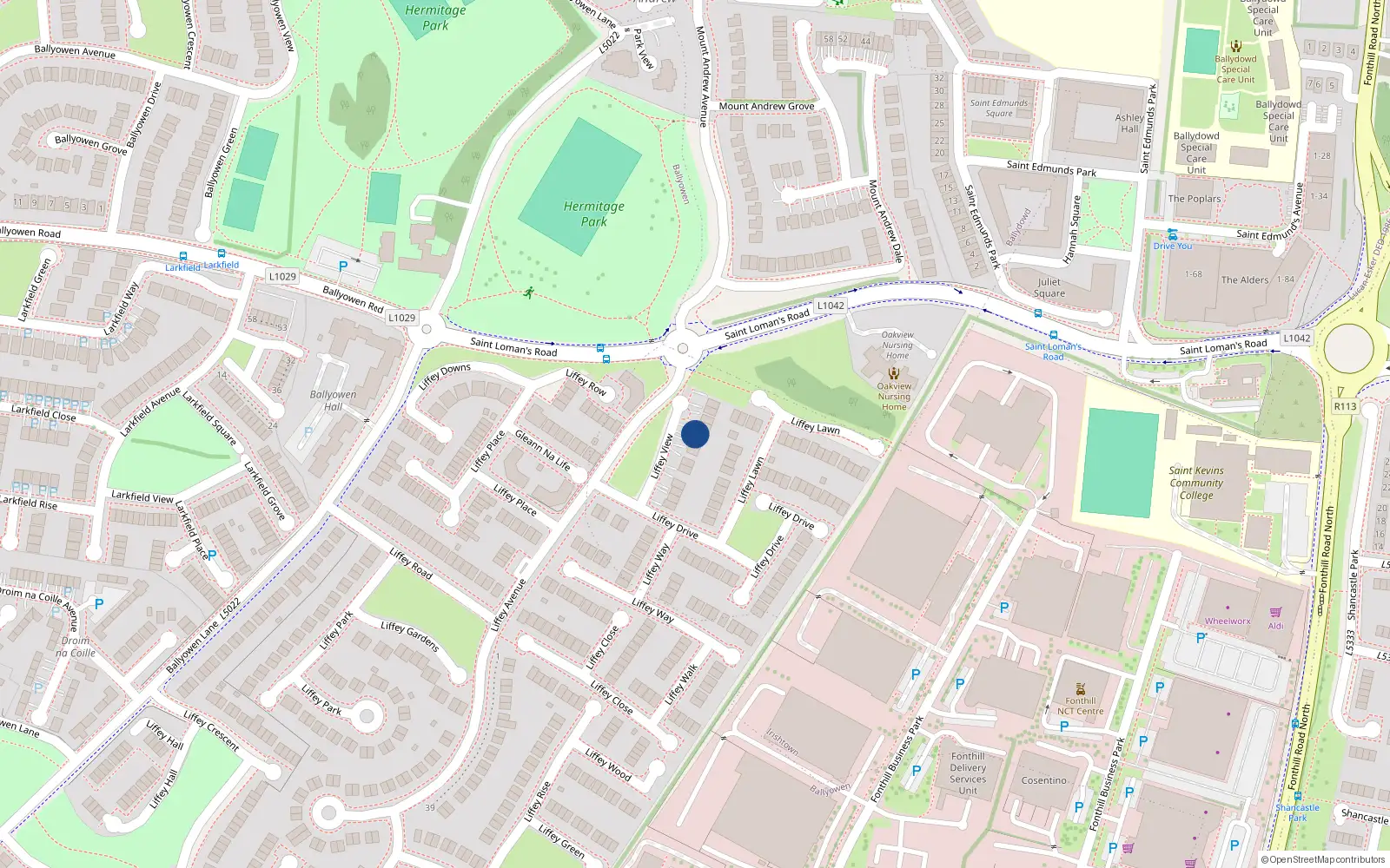 Overhead map showing the location of 20 Liffey View, Lucan, Dublin