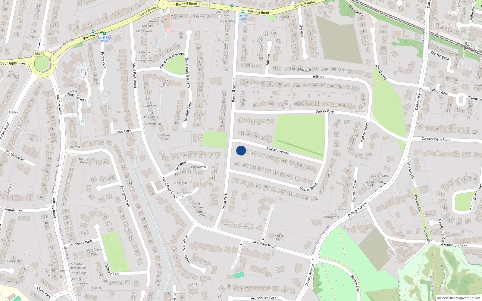 Overhead map showing the location of 20 Mapas Avenue, Dalkey