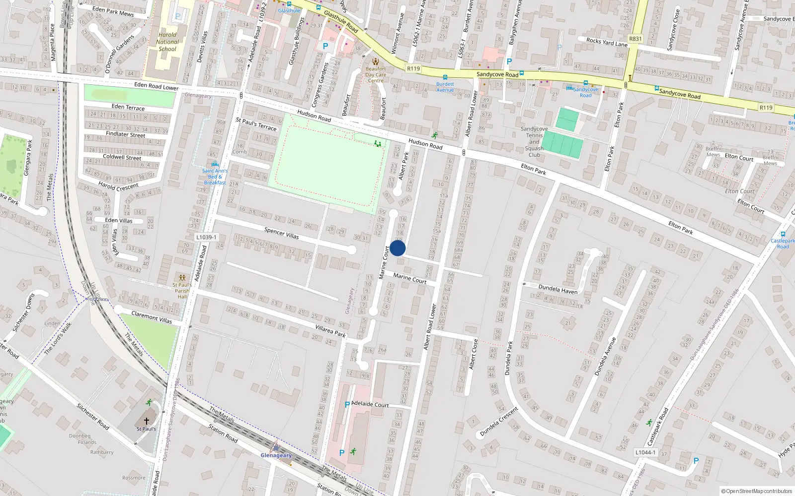 Overhead map showing the location of 20 Marine Court, Albert Road Lower, Sandycove